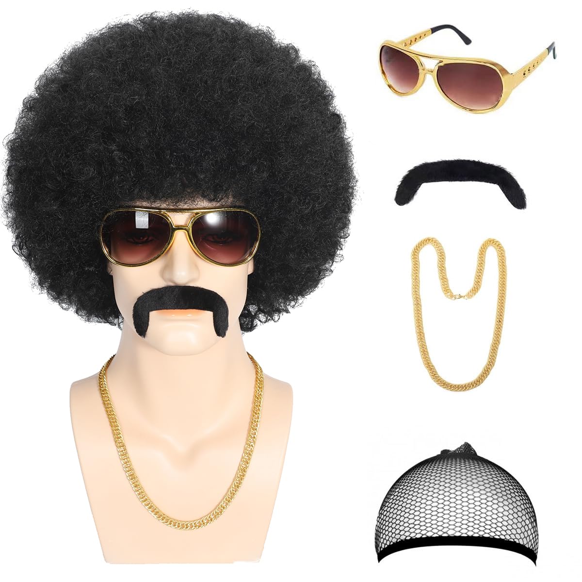 ELETAMQ Afro Wigs Men, 5pcs Set (Wig+ Glasses+ Necklace+ Mustache+ Wig Cap) 70s Disco Costume Wigs for Men Short Black Curly Mens Wigs Fluffy