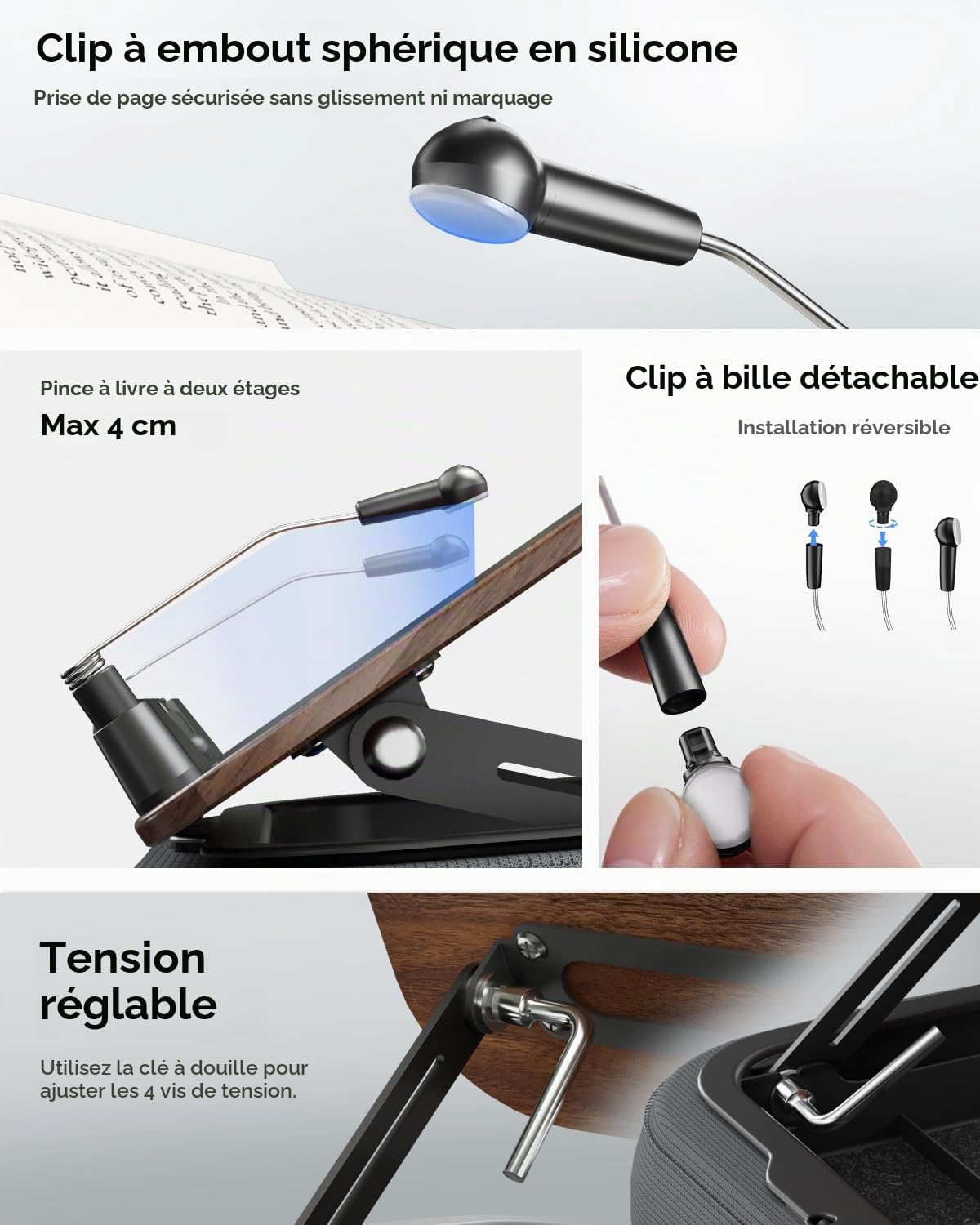 Viozon Support de livre pour lire au lit, avec rangement, bureau sur les genoux, pour livre A3 ~ A5 et tablette/ordinateur portable de 17,8 à 15", coussin de lecture, support de page, support de livre