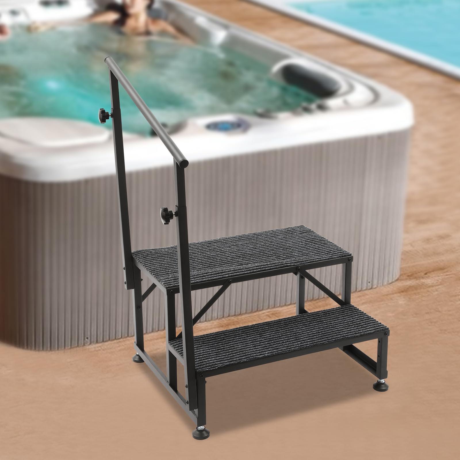 2 Step Ladder Porch Steps with Handrails&Anti-Slip Pedals, Swimming Pool Ladder Above Ground, Portable Step Stool Home Decor for Travel Trailer, Medical Step Stool (2 Step Single Handrail)