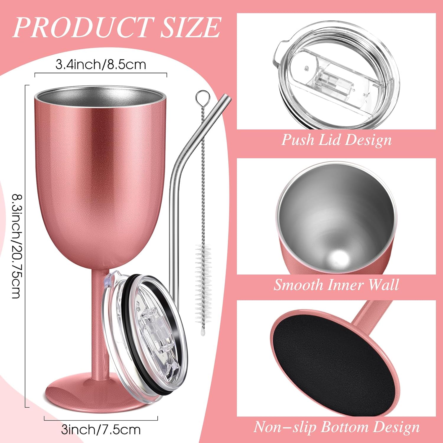 1 Pc Insulated Wine Tumbler with Lid Straw Brush 10oz Stainless Steel Glasses Cups Double Walled Vacuum Insulated Wine Tumbler for Christmas Women Men Holiday Birthday Gifts (Rose Gold) - Image 2