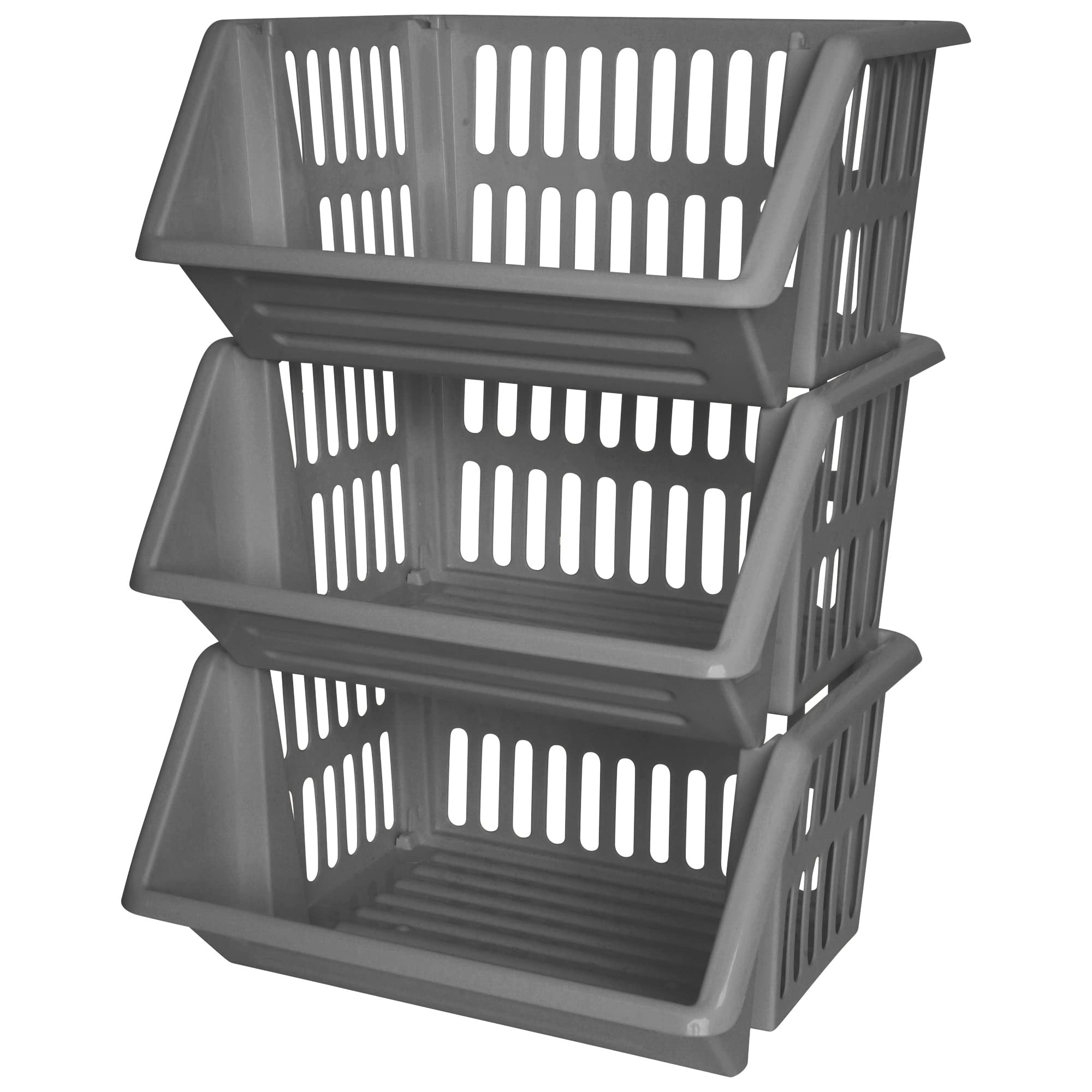 ZARVICZONIA Large Stacking Storage Baskets Veg Rack, Durable Plastic Stackers, Dimensions: 36 cm (L) x 30 cm (D) x 17.5 cm (H) (Grey, Pack of 3) — image 1