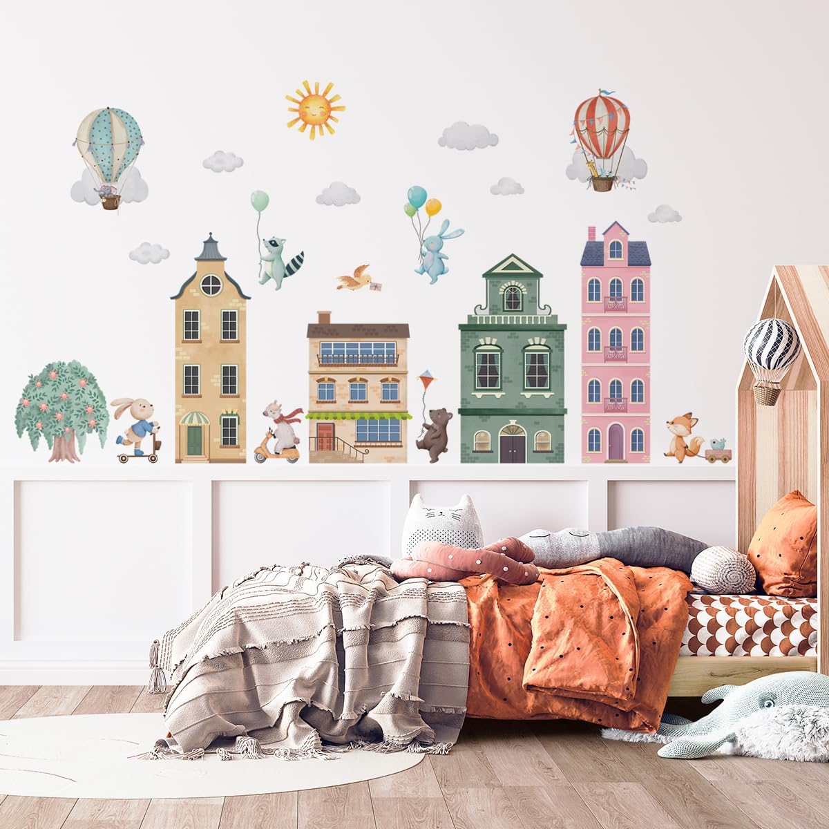 Watercolor City hot air Balloons Wall Decals，City Construction Animal hot air Balloons Wall Stickers，Baby Room Animal Decoration Stickers，for Bedroom Playroom Toddler Room Wall Decor - Image 3