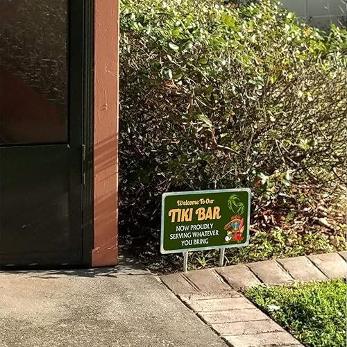 Miniatura 7 de WOSTOD Letrero de metal vintage con texto en inglés "Welcome to Our Tiki Bar Now Proously Serving Whatever You Traiges", letrero de metal vintage