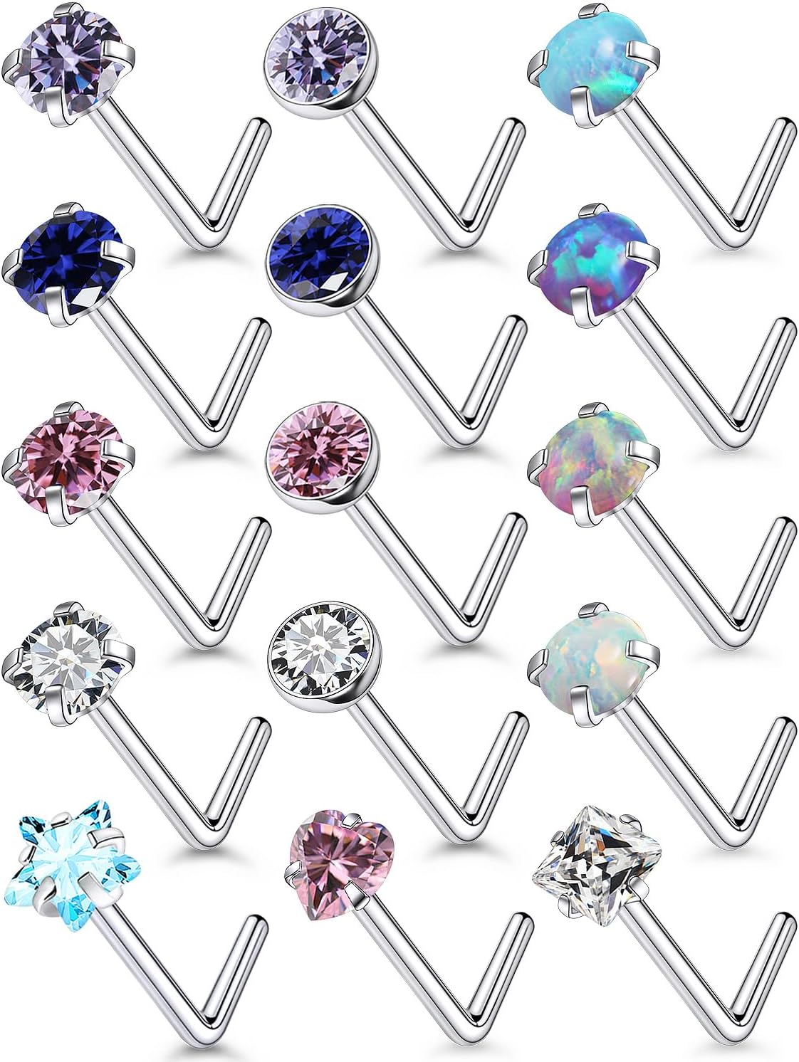 15 Pcs 18G 20G Surgical Steel Nose Rings Studs for Women Opal Nose Rings Diamond CZ Nose Studs L Shaped Nose Nostril Piercing Jewelry Hypoallergenic