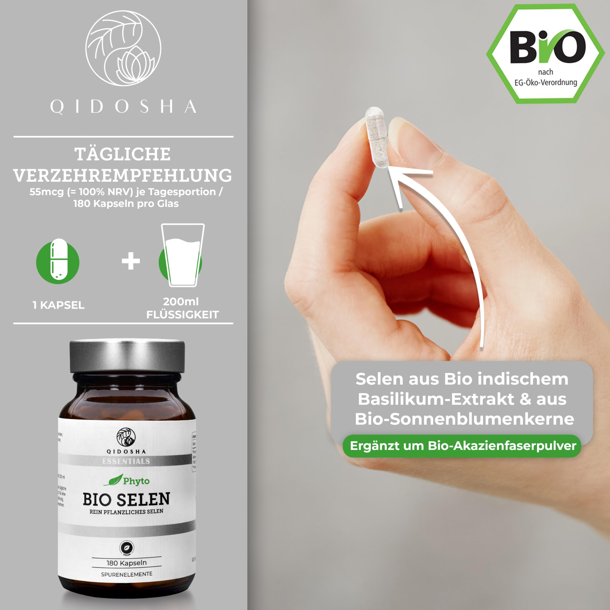 QIDOSHA® Bio Selen hochdosiert, 180 Kapseln, 55 mcg (100% NRV) pflanzliches Selen je Kapsel aus Bio Indischem Basilikum und Bio Sonnenblumenkernen, Selenmethionin, ergänzt um Bio Akazienfaser