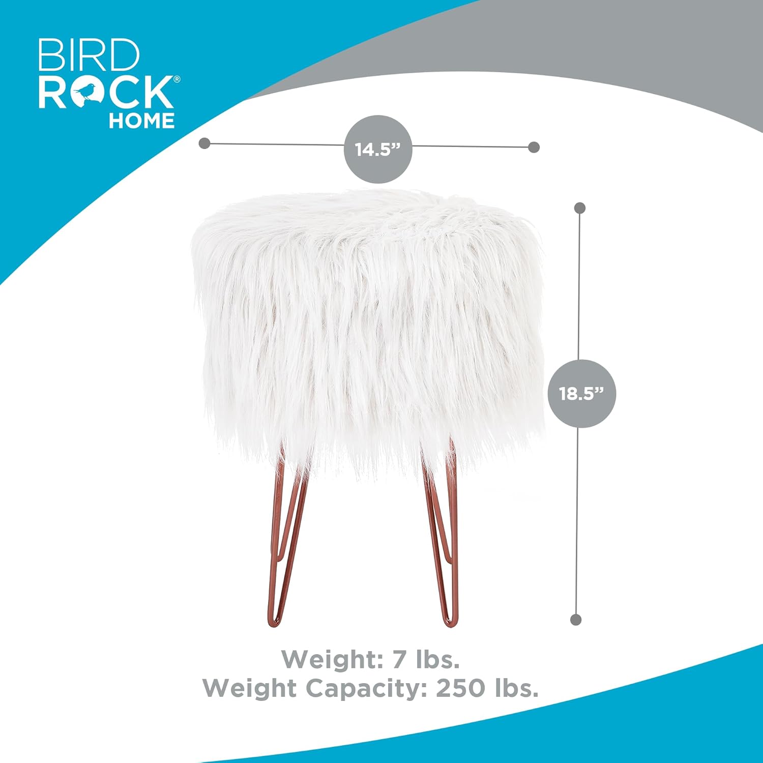 BIRDROCK HOME White Faux Fur Vanity Stool Chair - Soft Furry Compact Padded Seat - Vanity, Living Room, Bedroom and Kids Room Chairs - Hair Pin Metal Legs Upholstered Decorative Furniture Foot Rest - Image 2