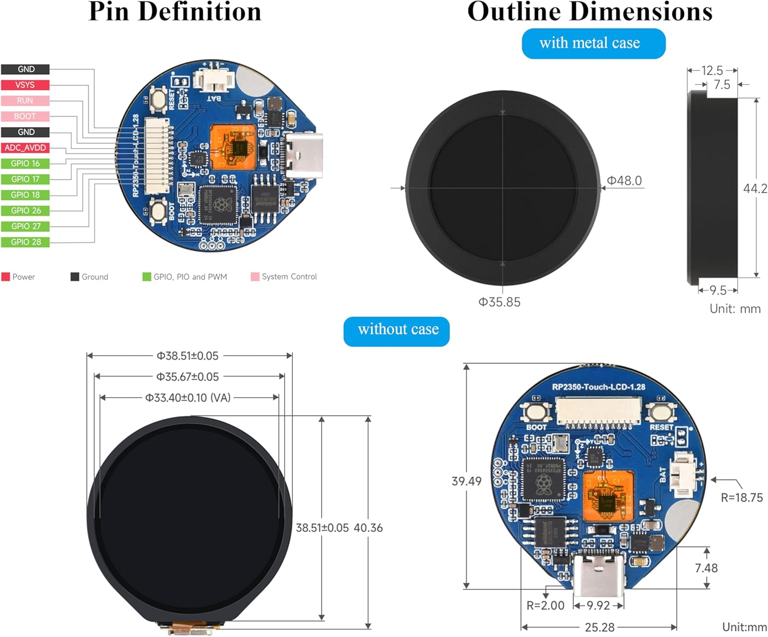 RP2350 Microcontroller Development Board with 1.28inch Round Touch Screen IPS LCD 240×240 Pixels, 65K Color, Based on RPi RP2350, Dual-Core & Dual-Architecture Design Type-C Connector