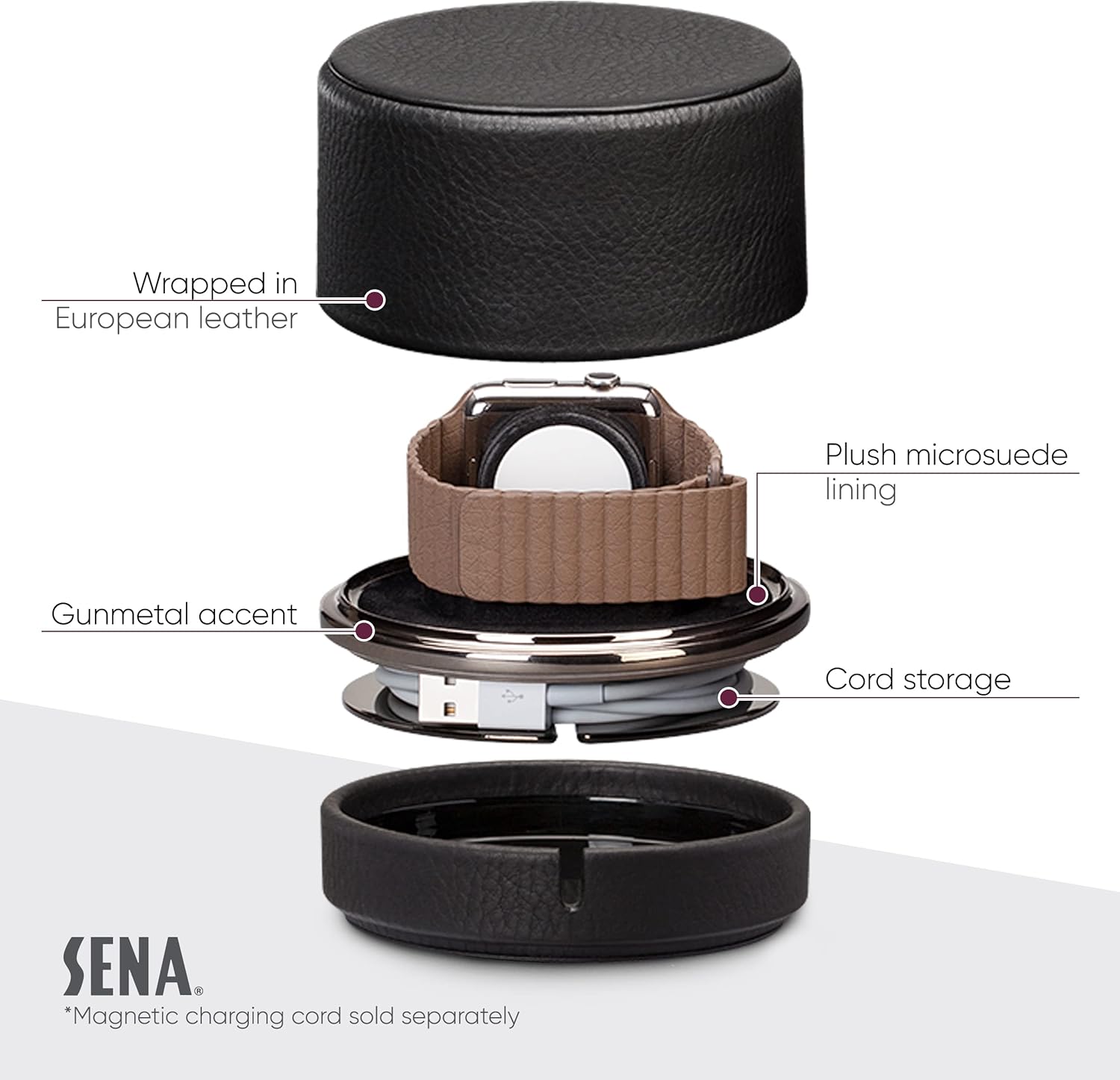 Sena Leather Travel Watch Case for Apple Watch Series 1,2,3,4,5,6,7,8,9 and SE, Single Storage Box of Apple Watches, Converts from Travel Case to Charging Stand, not fit Watch Ultra/Ultra 2,