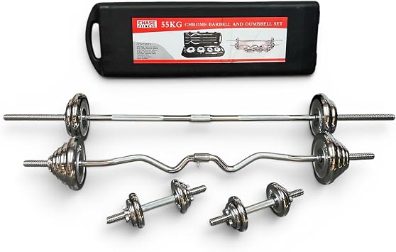 Chase Fitness 55KG Adjustable Chrome Barbell & Dumbbell Set with EZ Curl Bar, Weight Plates & Carry Case   Home Gym Strength Training Kit for Men & Women