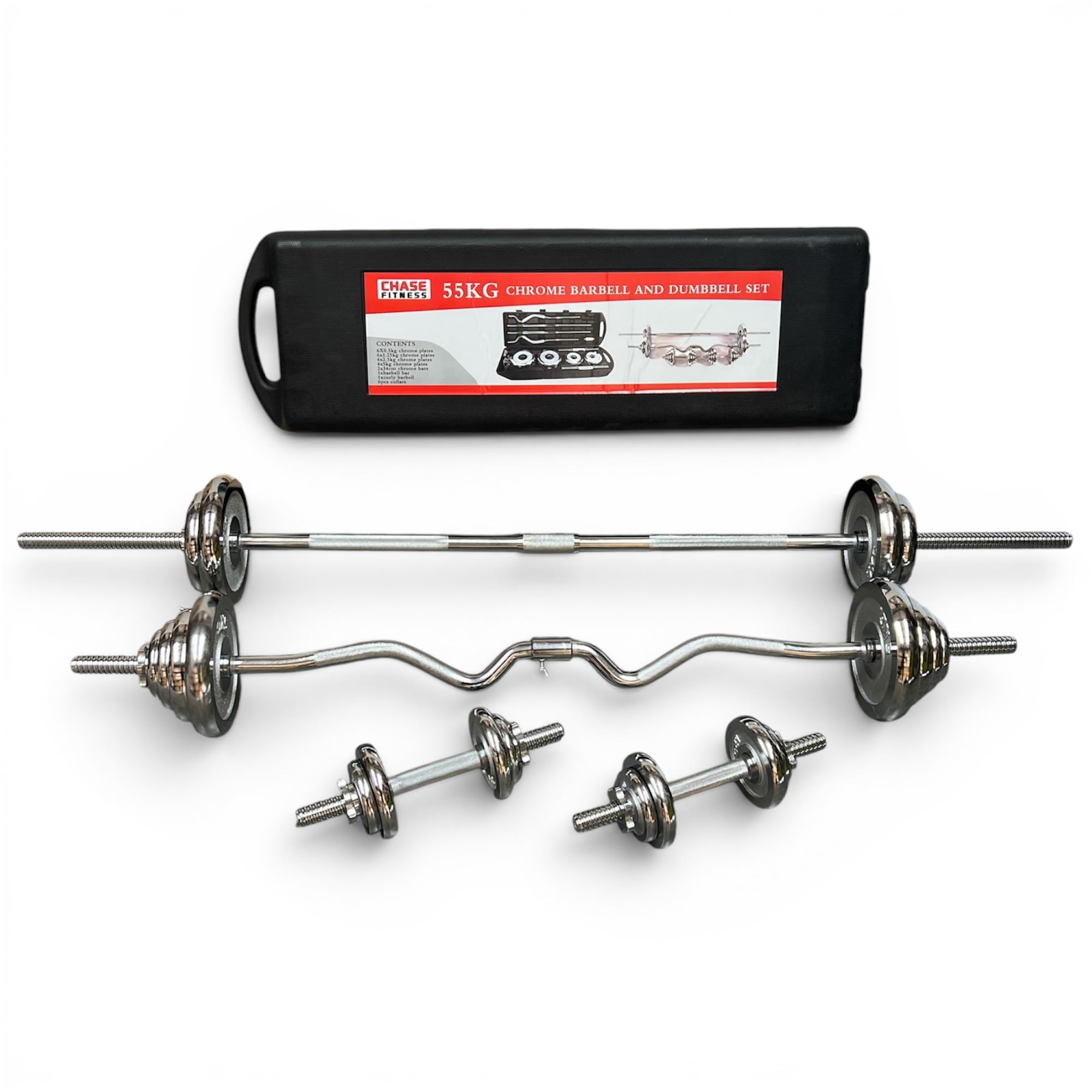 Chase Fitness 55KG Adjustable Chrome Barbell & Dumbbell Set with EZ Curl Bar, Weight Plates & Carry Case – Home Gym Strength Training Kit for Men & Women