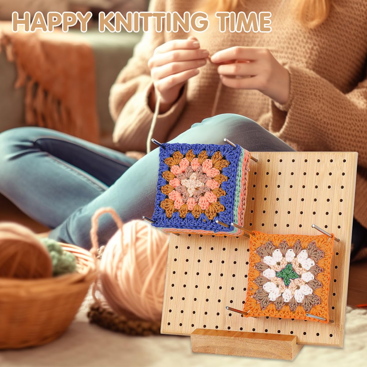 Coopay Granny Square Spanner Grande, 29 x 29 cm Blocking Board per Uncinetto Grande con 30 Spilli in Acciaio Inox e Fondo Scanalato, Tavola di Appoggio in Bambù per Spannare Granny Squares