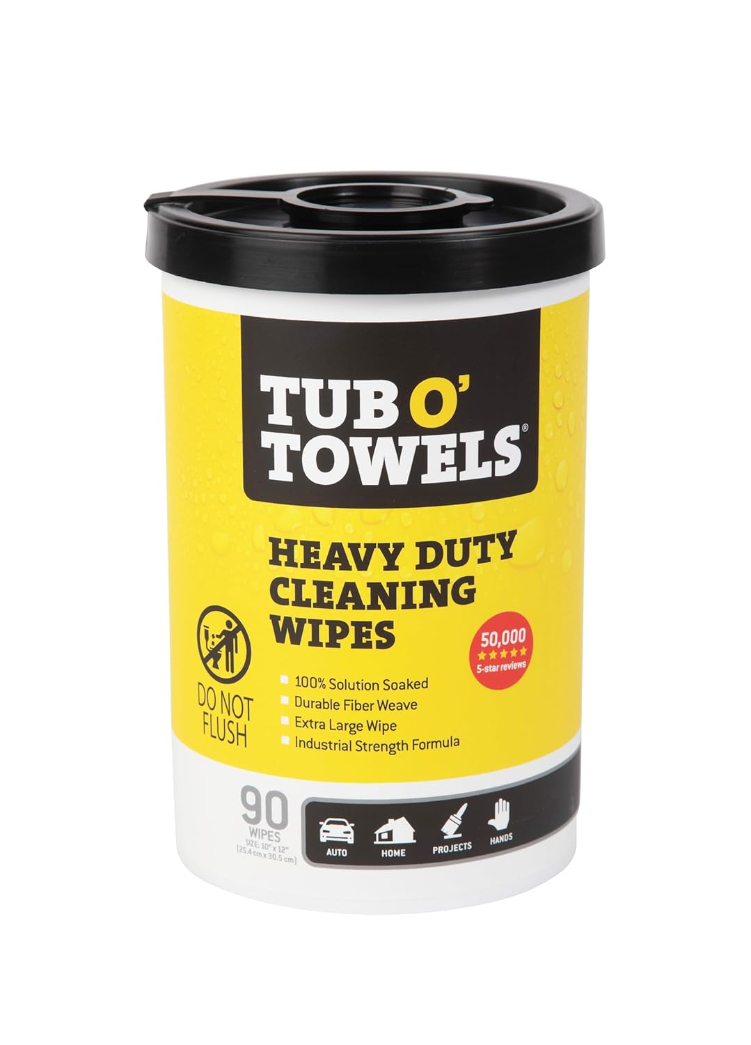 Product image of Tub O' Towels TW90 Heavy-Duty 10" x 12" Size Multi-Surface Cleaning Wipes, (10" x 12" wipes) Per Canister, Pack of 1, 90 Count Total