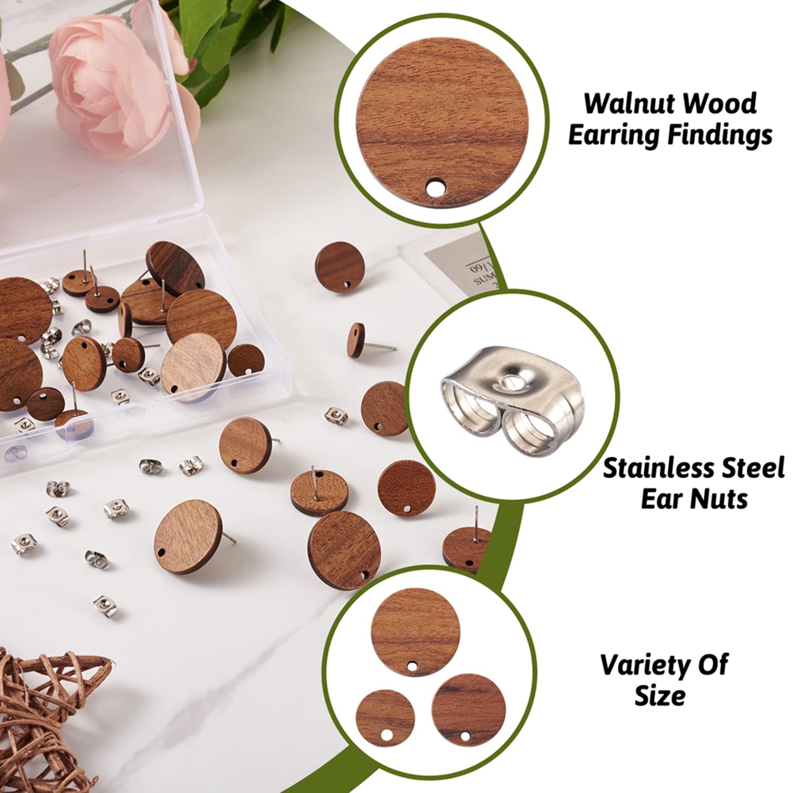 Pandahall 18 Pairs Flat Round Walnut Wood Earring Studs 3 Sizes Wooden DIY Making Kits with Stainless Steel Ear Nuts for Handmade Earrings