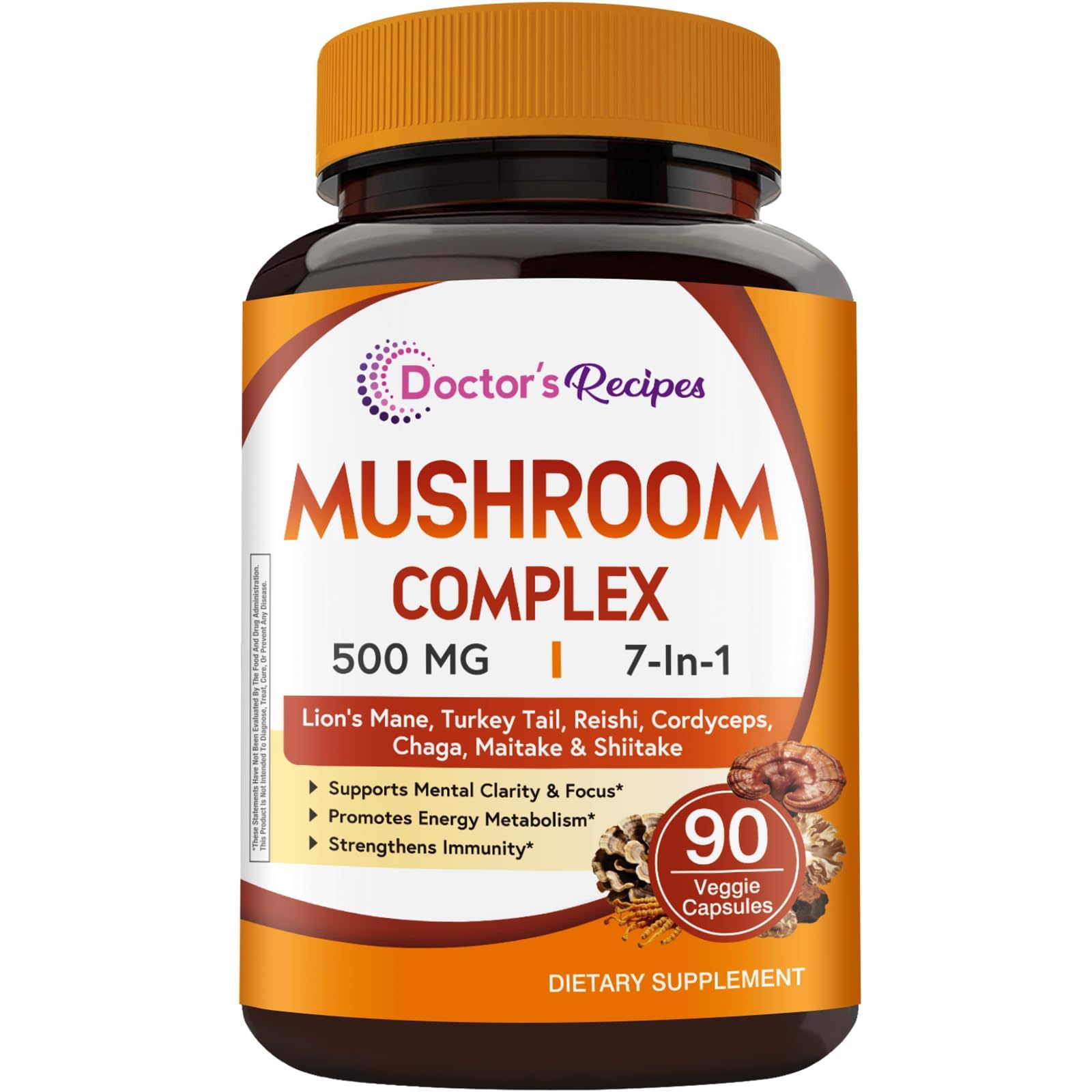 Doctor's Recipes Mushroom Supplement, 500mg, 7 Functional Mushrooms, Lion's Mane, Cordyceps, Reishi, for Immune, Focus & Energy, Non-GMO, 90 Vegan Capsules