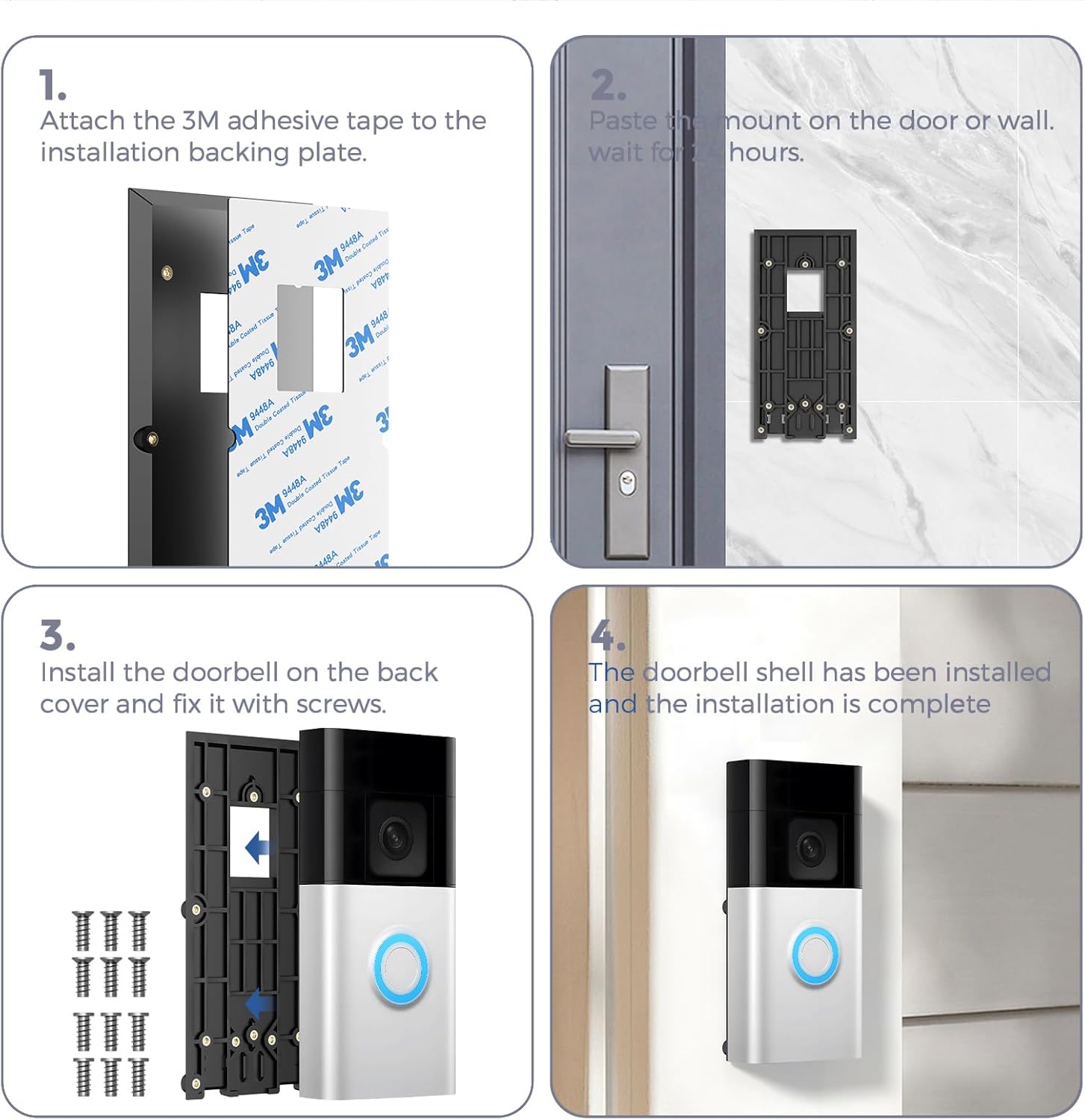 No-Drill Mounting Plate for Ring Video Doorbell 1/2/3/3 Plus/4 (2020 Release), Battery Doorbell Plus/Pro -Strong 3M Adhesive Secure Holder for Houses & Apartments
