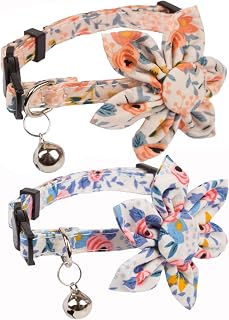 ADOGGYGO Breakaway Cat Collar with Bells, 2 Pack Flower Cat Collars for Girl Cat Kitten Collar with Removable Floral Adjustable Collars for Cats (Pink & Blue)