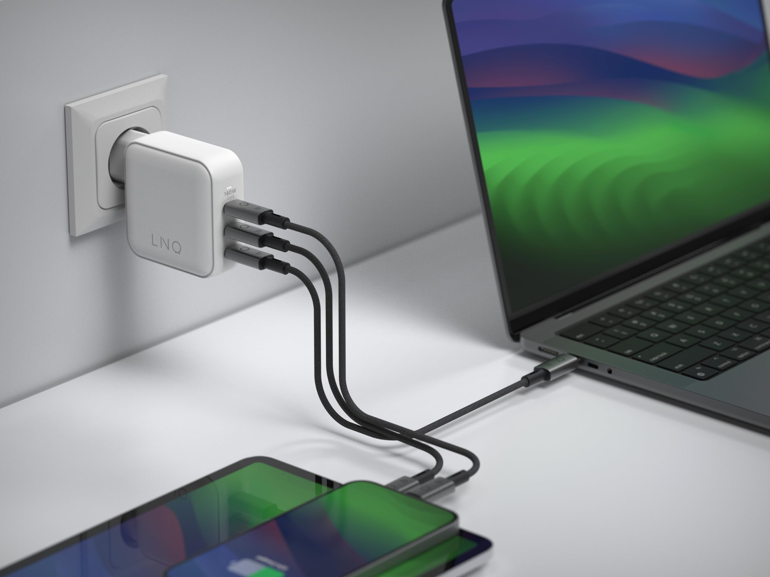 Linq Connects Caricabatterie per laptop 140W GAN2 - Caricatore rapido con tecnologia GAN avanzata - Adattatore USB-C Power Delivery per laptop, tablet e smartphone