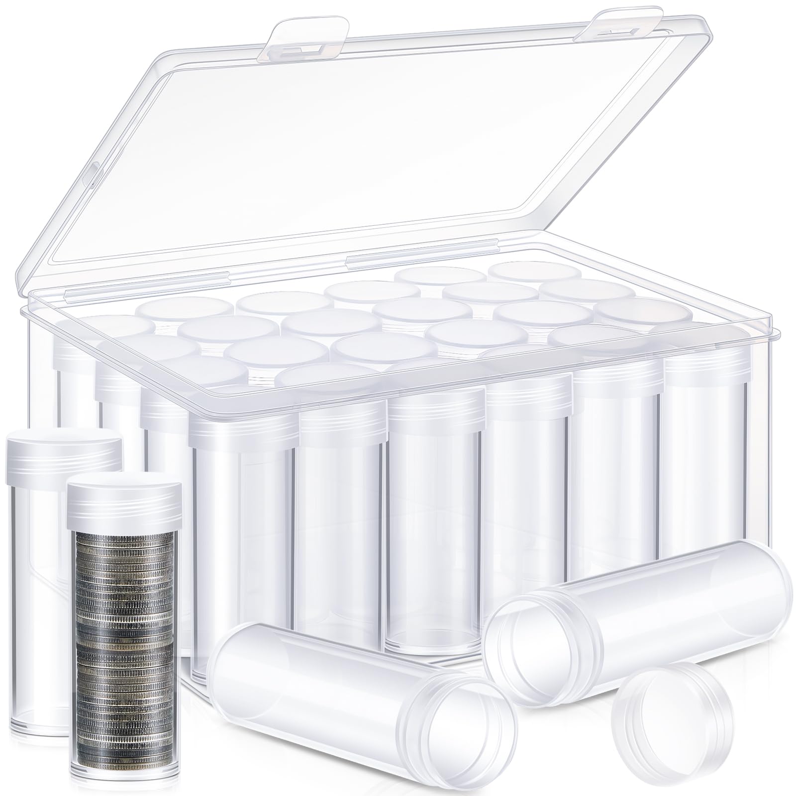 Qunclay 24 tubi per monete da un quarto con 1 scatola di plastica trasparente con coperchio per forniture da collezione di monete, 7,6 x 2,5 cm