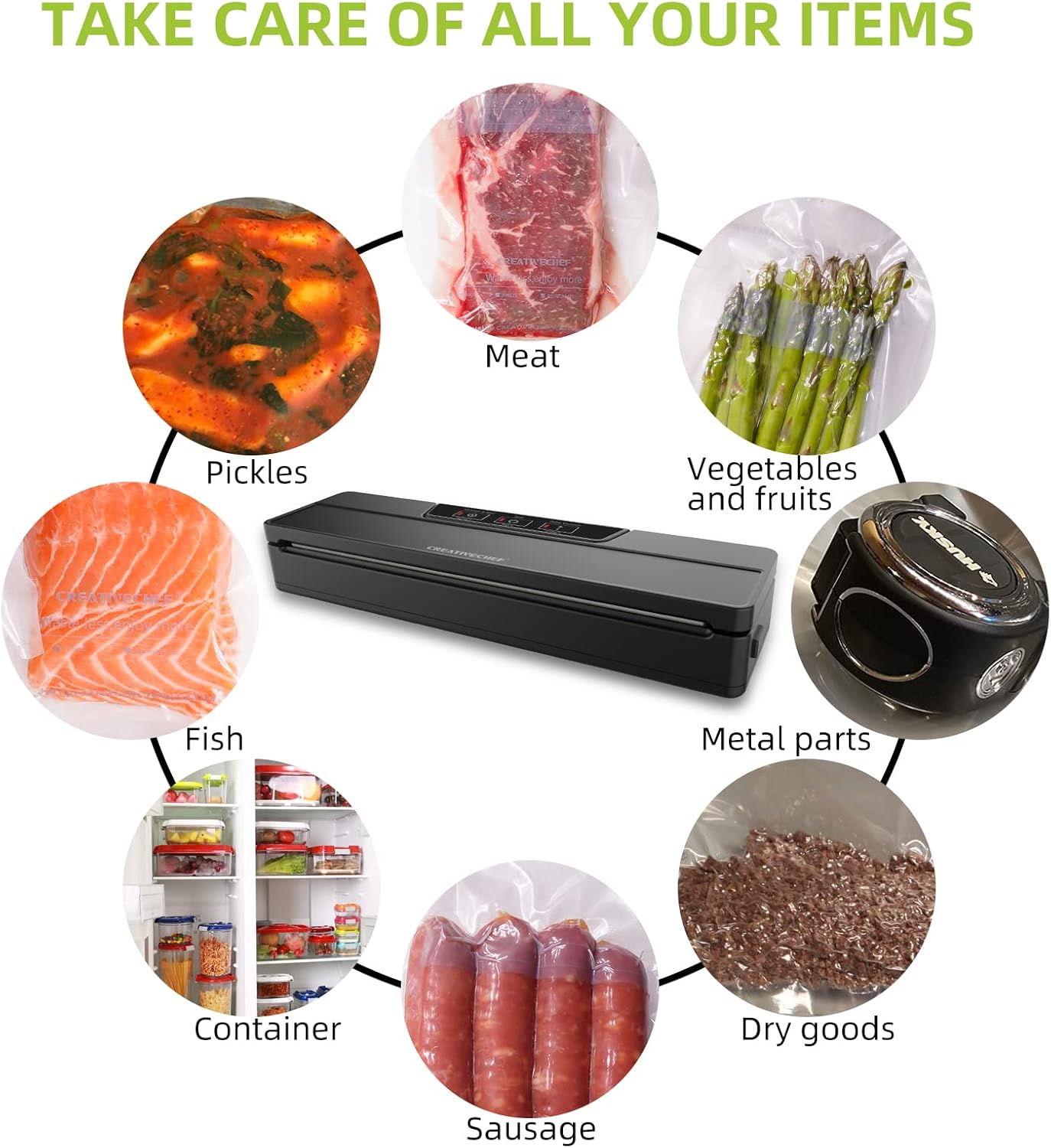 CREATIVECHEF2025 Powerful Vacuum Sealer | One-touch Automatic Sealing | High suction power 10-20 seconds to finish sealing | Three speeds vacuum sealer for food | food saver vacuum sealer machine