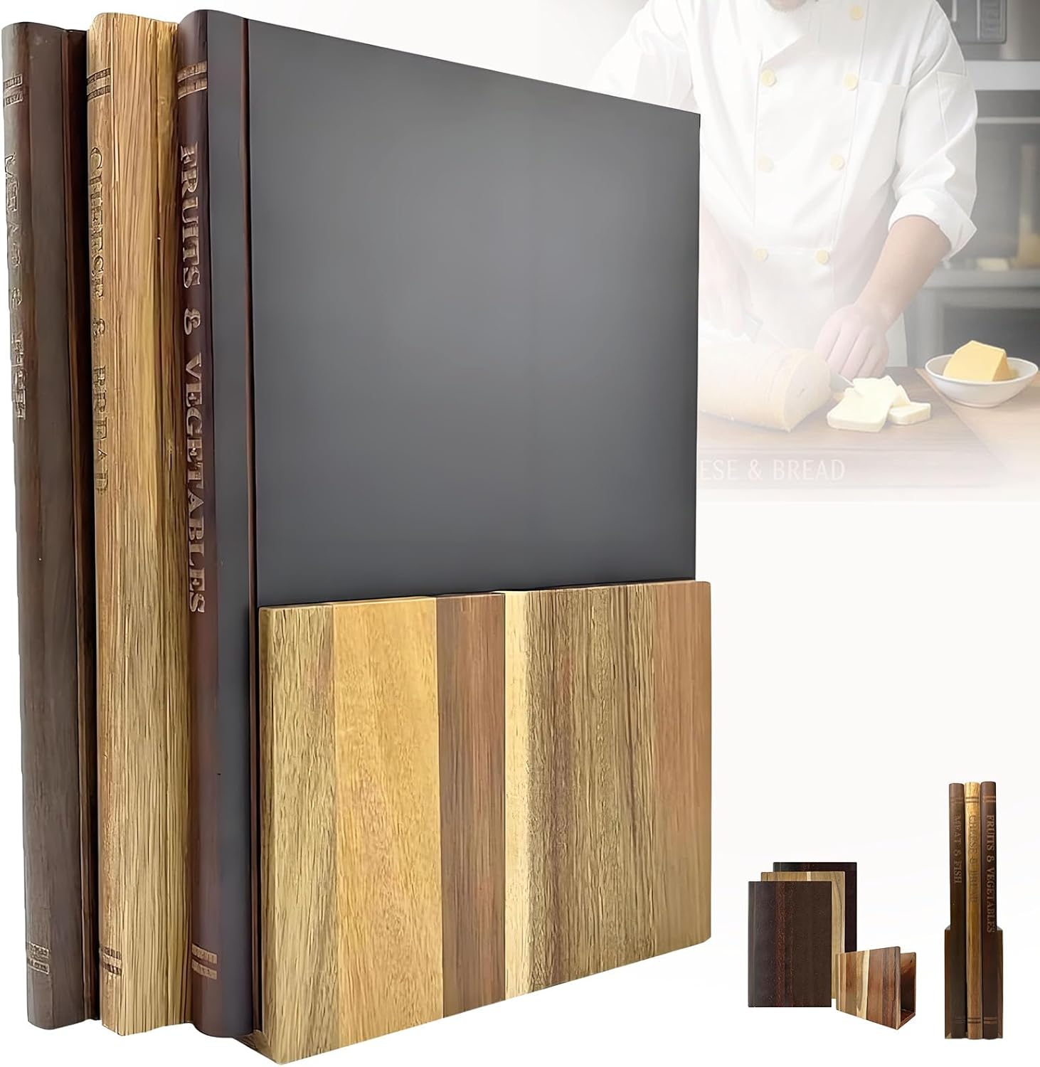 Cutting Board Book Set, Set of 3 Solid Wood Book Shaped Cutting Board Library with Wooden Stand, Cutting Board That Looks Like Books for The Books Loving Chef Vegetables Cheese Bread & Meat