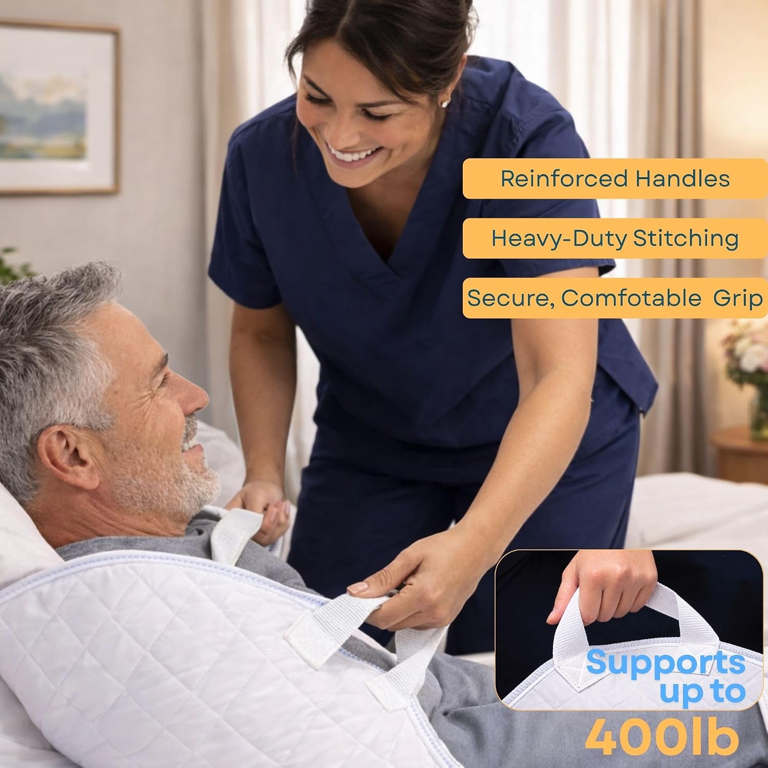 Positioning Bed Pad w/ 8 Reinforced Handles, Waterproof, Washable, Fast-Drying Cooling Fabric Transfer Pad for Lifting, Turning & Repositioning Elderly Patients (Gray, 36" x 52", Pack of 1)