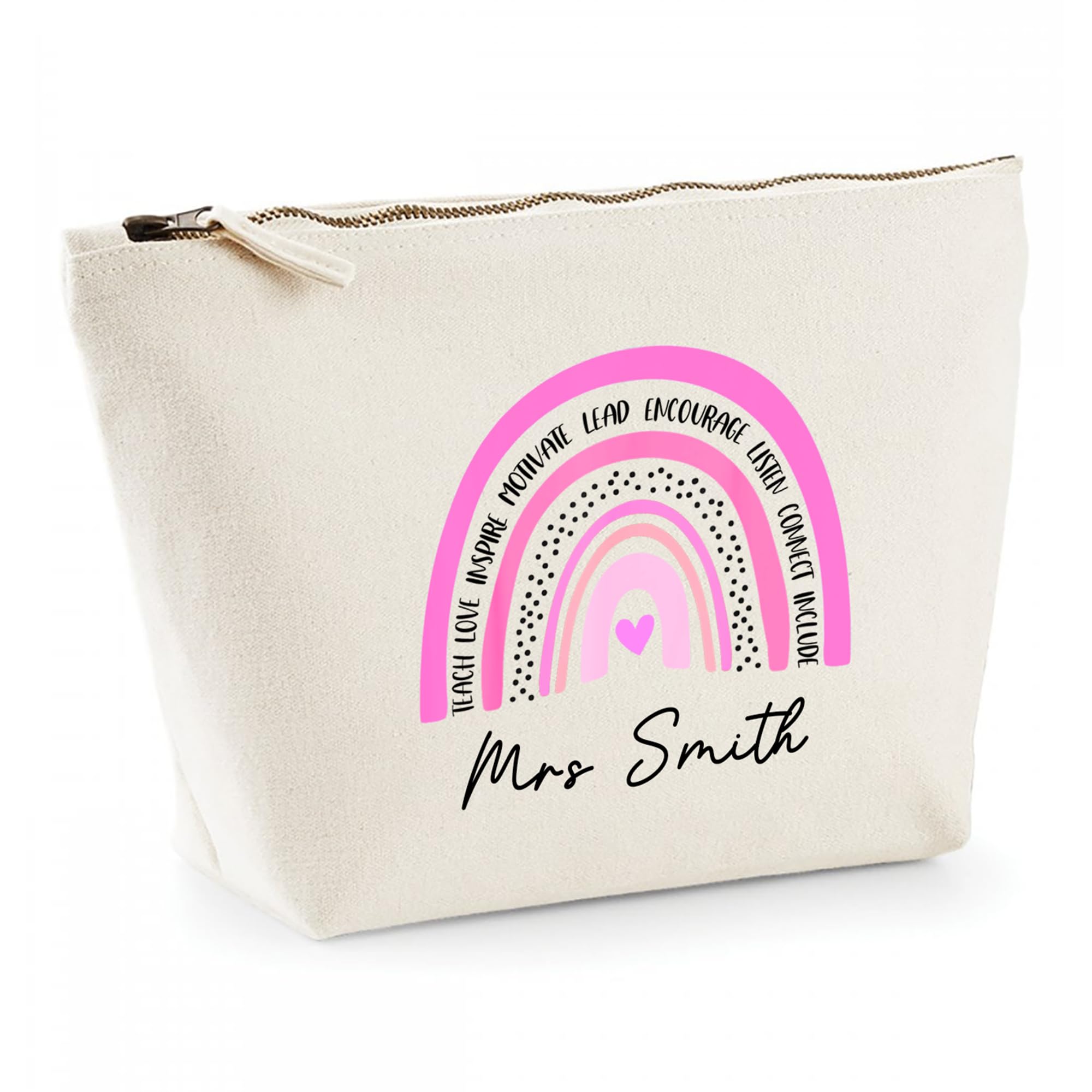 Personalised Teacher Gift - Custom Name Pencil Case with Pink Inspirational Rainbow - Canvas Zip Pouch for End of Term Present - Nursery, SEN or School Staff Thank You Bag