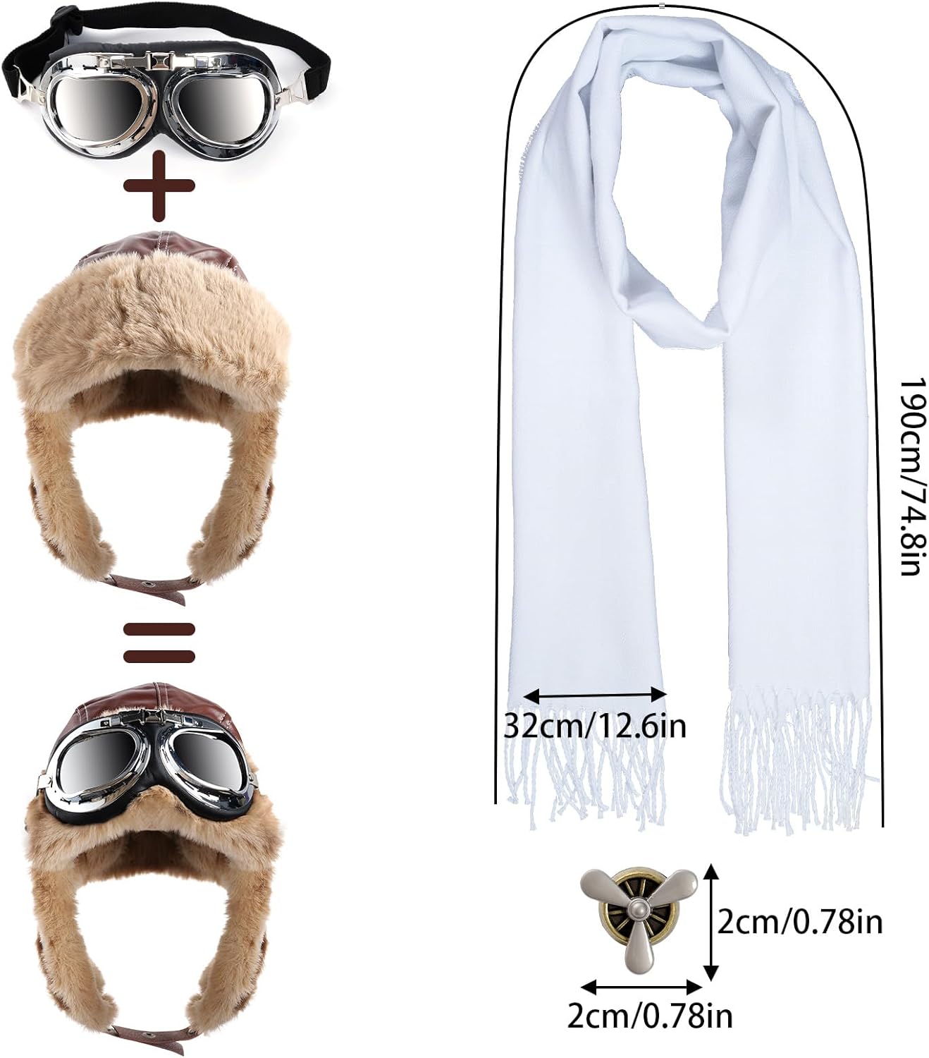4Pcs Aviator Costume Accessories Pilot Aviator Hat with Goggles Brooch Scarf for Adults Halloween - Image 4