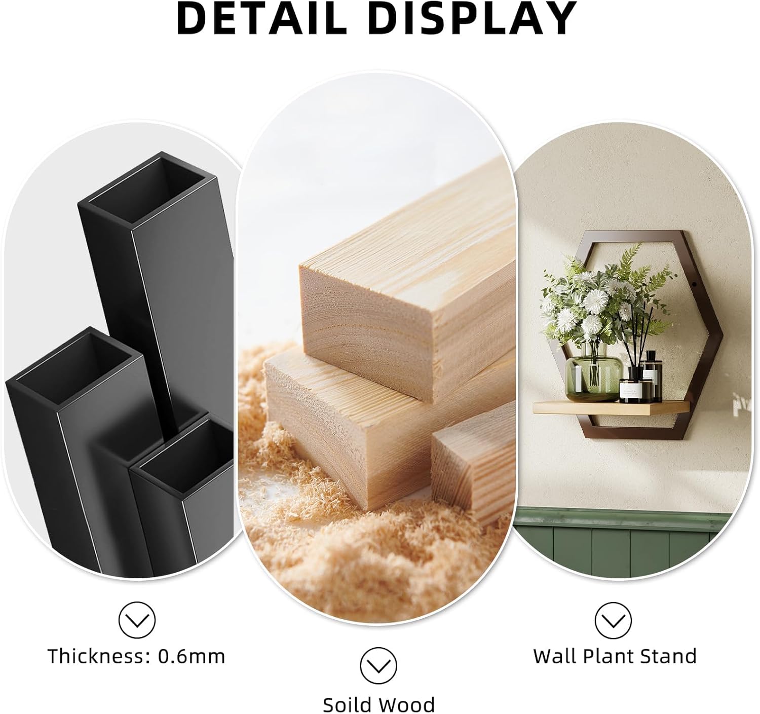 3 Pack Solid Wood & Heavy Duty Metal Wall Plant Stands,9 inch Natural Wood Shelf, Boho Arch Hanging Planter for Indoor 25 LB Load for Plants, Flowers, Herbs Coffee