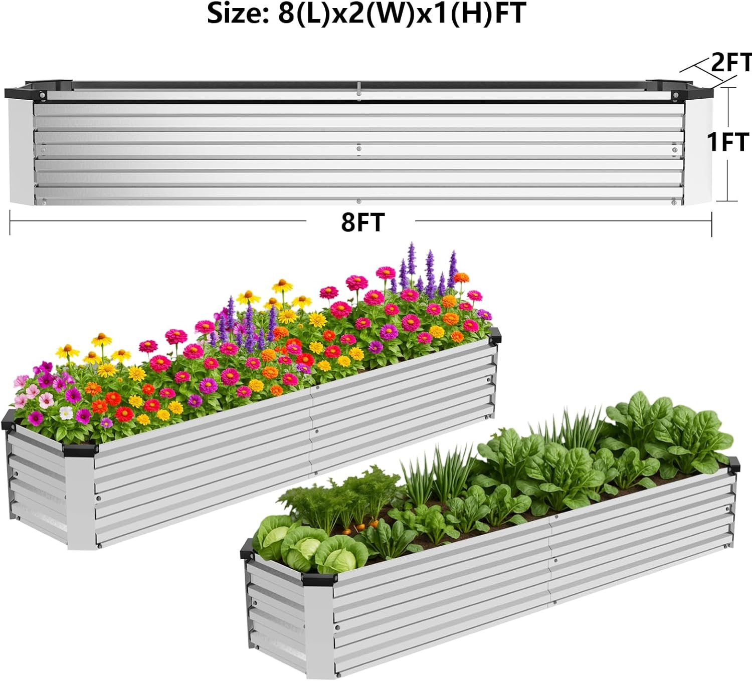 2 Pack 8x2x1FT Galvanized Metal Raised Garden Bed Kit for Vegetables, Herbs, Open-Bottom Large Capacity Outdoor Planter Box Gardening Stakes, Silver