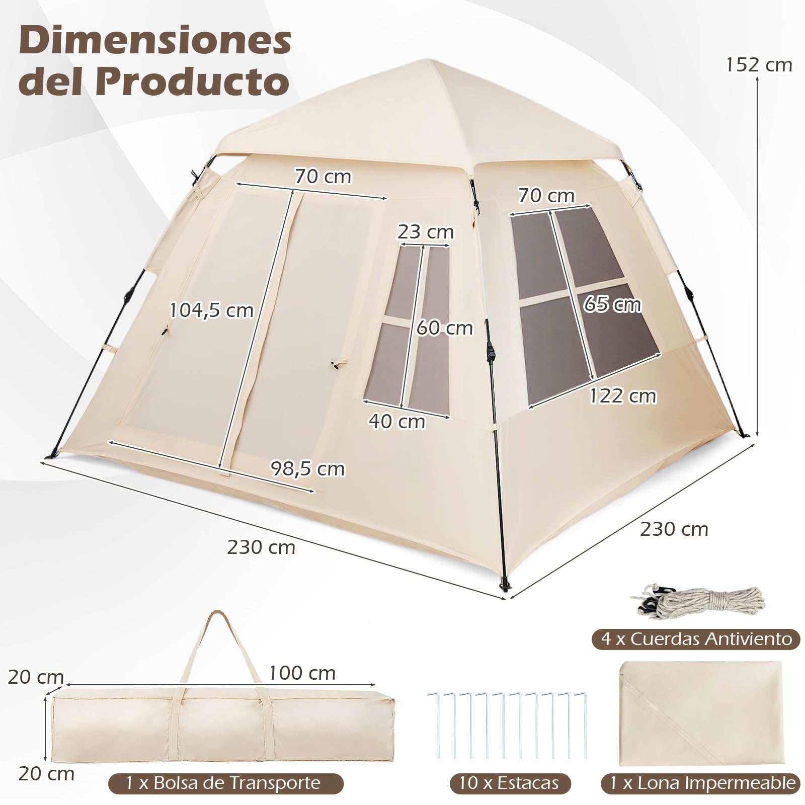 COSTWAY Tienda Campaña 4 Personas Pop Up con Ventanas Malla y Puertas, Toldo Lluvia, Portátil 230x230x152 cm