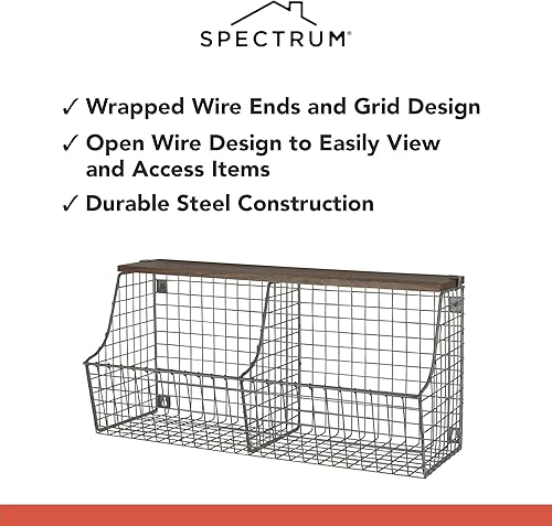 Miniatura 4 de Spectrum Diversified Contenedor doble vintage con almacenamiento de madera, cesta de alambre montada en la pared y estante de madera, estilo granja,