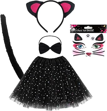 EUPSIIU Cat Costume Halloween, Cute Cat Cosplay Kitten Ears Headband Cat Tail Bow tie Princess Tutu Skirt Cat Face Tattoo Stickers Animal Costume Party Fancy Dress Up for Kids Girls Children