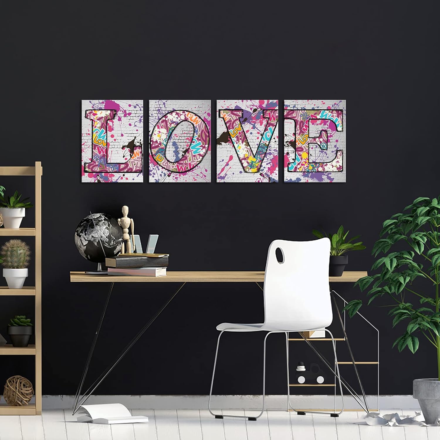 OuElegent 4 Piece Love Canvas Prints Graffiti Street Art Painting Pictures Modern Artwork Poster for Living Room Bedroom Bathroom Wall Decor Framed Ready to Hang