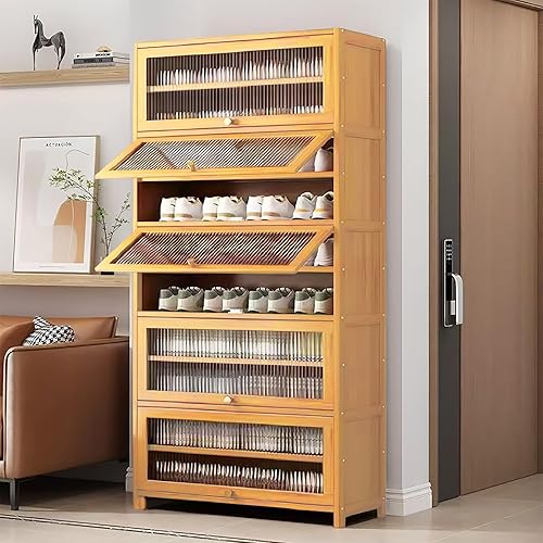 Zapatero alto con puertas acrílicas, armario de zapatos de bambú de gran capacidad de 10 niveles, 40-45 pares de zapatero independiente y