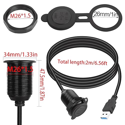 Miniatura 6 de QIANRENON Cable USB 3.0 de 5 Gbps a prueba de agua para automóvil, cable USB 3.0 hembra a macho para montaje en panel con luz LED, carcasa de