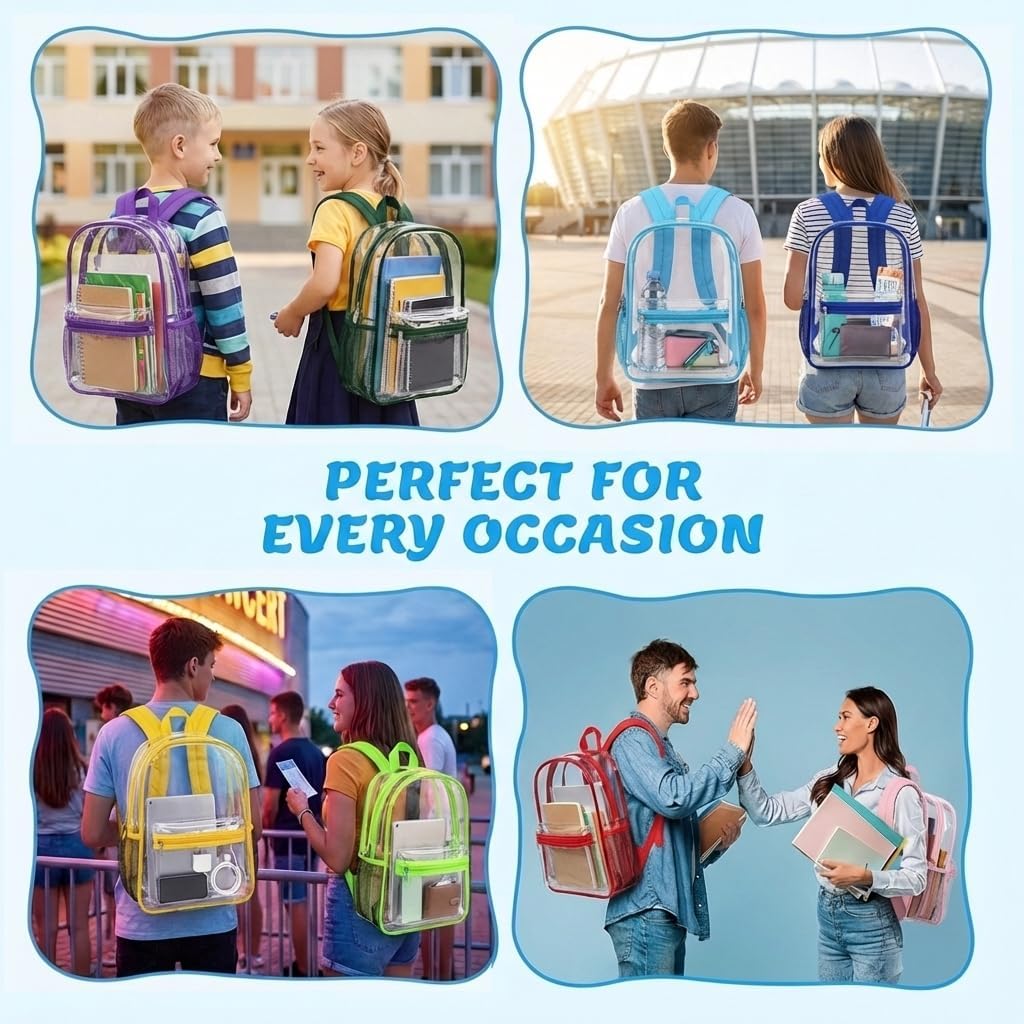 48-Pack 17'' Clear Backpacks for School – Transparent Bookbags Heavy Duty PVC Clear Bags with Reinforced Straps, Bulk Back Pack for Elementary, Middle & High School,12 Colors