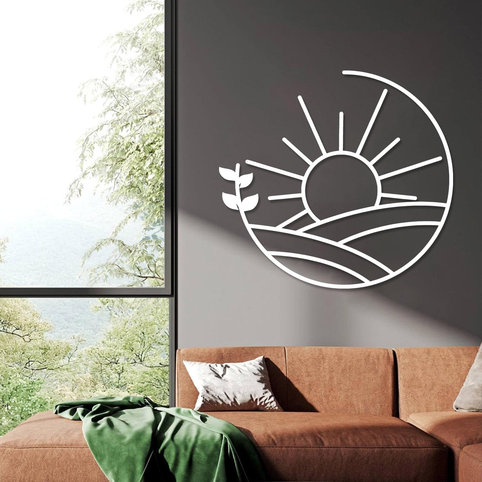 Decoración de pared abstracta contemporánea de metal, arte solar, letrero de paisaje de amanecer, decoración, obra de arte de naturaleza para exteriores, regalo de inauguración de casa para el ja