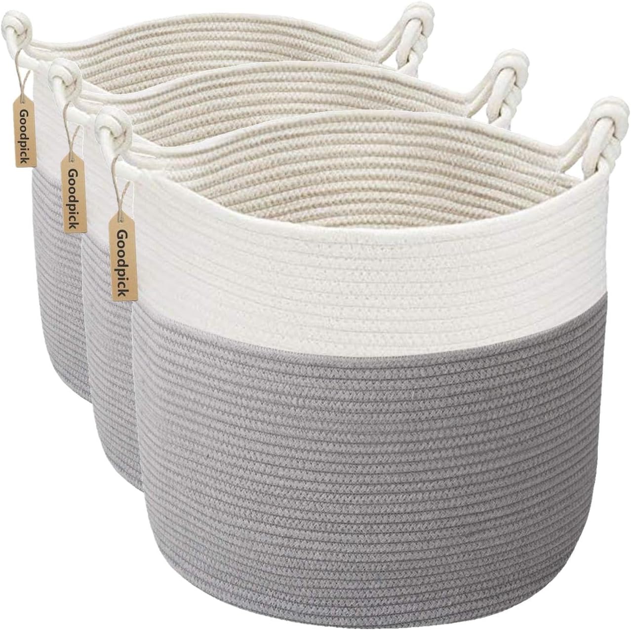Goodpick Toy Basket for Kids, Woven Rope Blanket Basket for Living Room Nursery Baby Laundry Baskets for Organizing Clothes, Gray (Pack of 3)