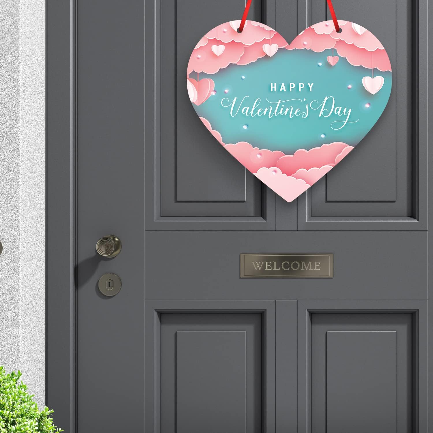 Valentines Day Decoration Happy Valentine's Day Pink Clouds and Hearts Background, 17 Inch Aluminum Heart Shaped Door Sign with Red Satin Ribbon by Soul Décor