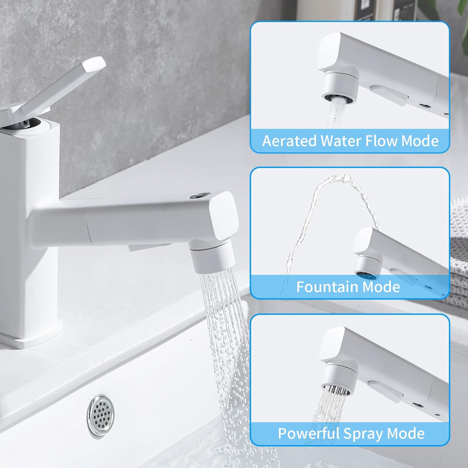HANLIAN Single Hole Bathroom Pull Out Faucet with Rotating Spout, One Handle Faucet for Bathroom Sink, Modern Bathroom Faucet with Pull Down Sprayer, 3 Modes Vanity Faucets (White, Regular)