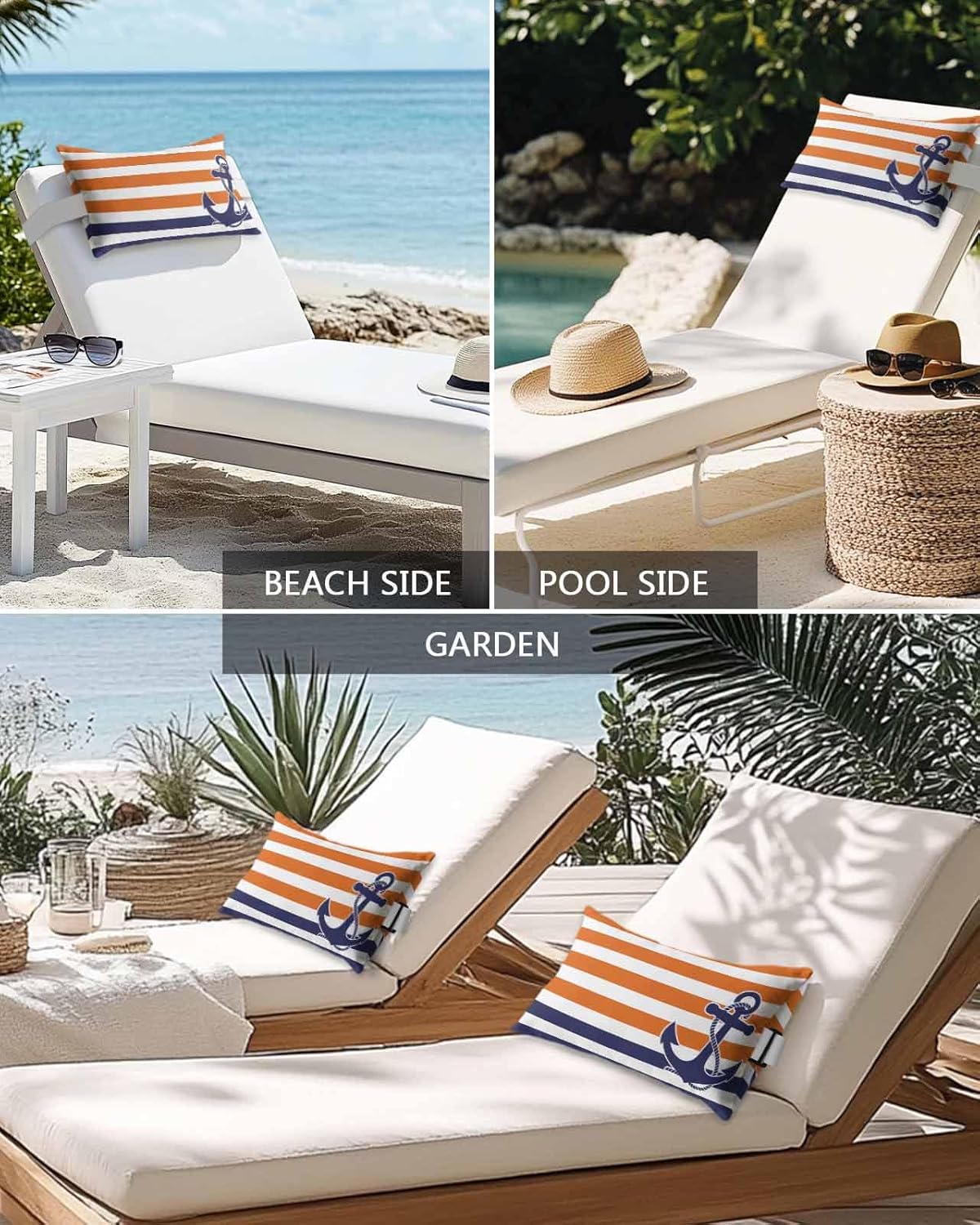 2 Packs Anchor Orange Outdoor Chaise Longue Throw Pillow Covers Waterproof with Elastic Band,Beach Pool Lumbar Decorative Pillowcase Cushion Sham Modern Navy Blue White Striped Nautical 12x20
