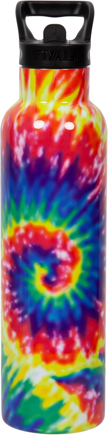 FIFTY/FIFTY Insulated Water Bottle Stainless Steel with Lid and Straw Cap for Bike, Cycling, School, Sport, Gym and More: 21 oz, Tie-Dye