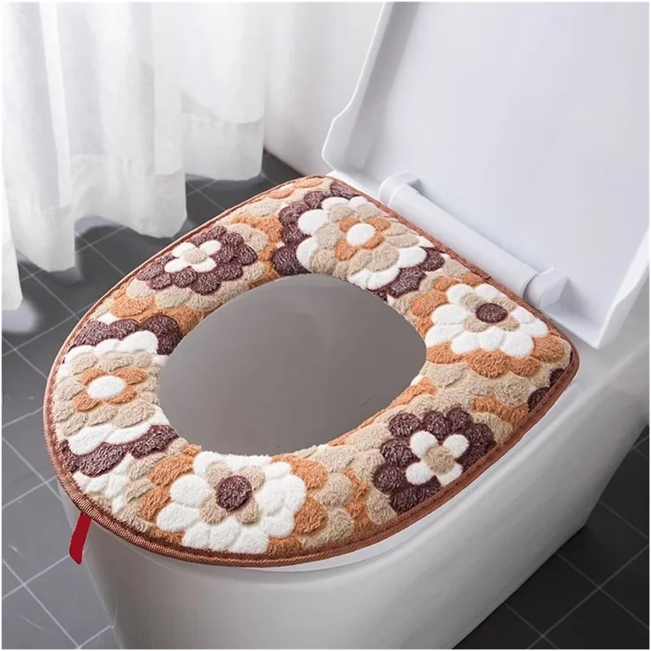 Soft and Fluffy 2-piece Floral Warm Toilet Seat Cover, Mat for Bathroom, Soft, with Zipper, Washable(Color4)