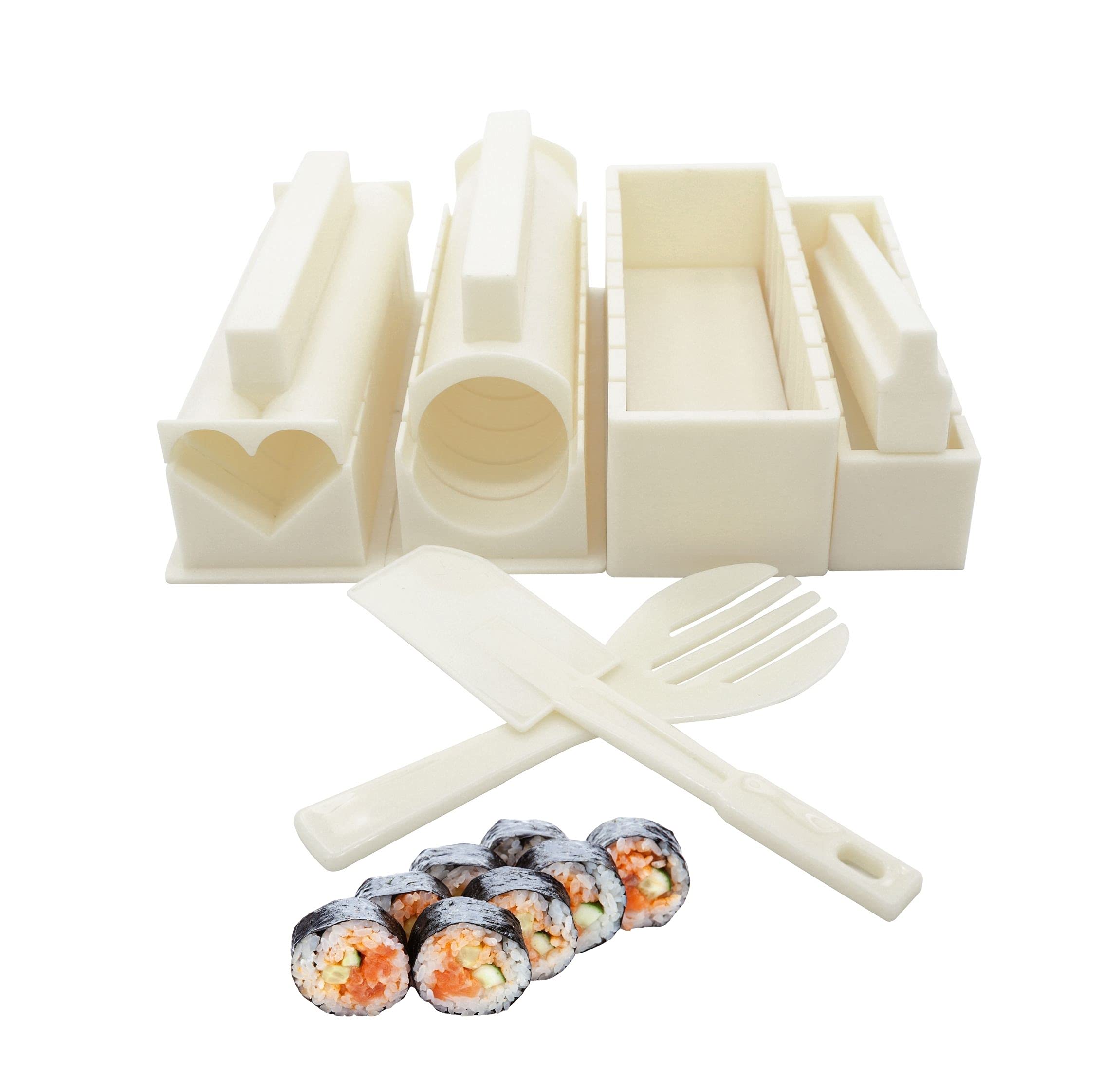 EXZACT EX-SM10 Sushi Maker kit 10pcs / Rice Roll Mold - 5 Unique Mold Shapes - Heart, Round, Pyramid, Square/DIY Japanese Cuisine at Home/Easy and Fun – Cream White