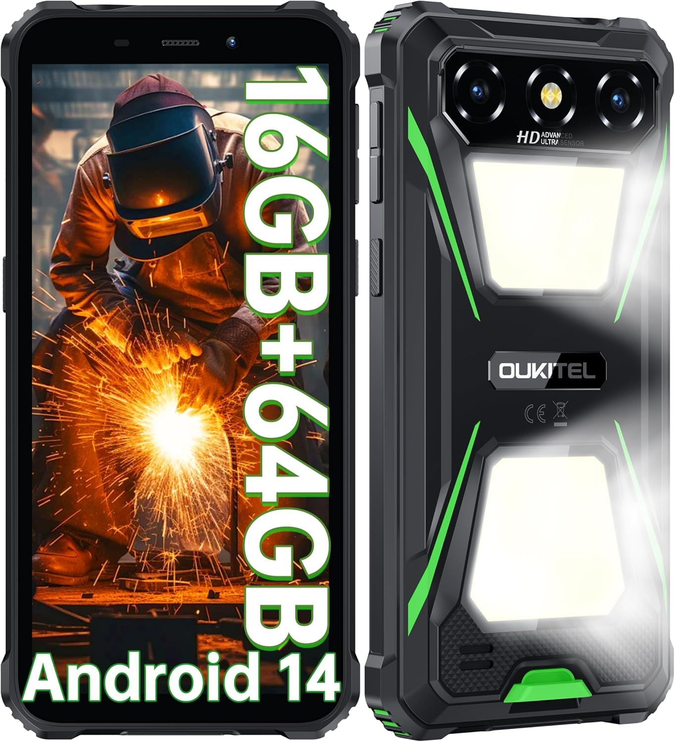 OUKITEL G5 Rugged Smartphone con 900LM Luce Campeggio - 16(4+12) GB+64GB /TF 1TB, Android 14 Telefono Indistruttibile, 6300mAh 13MP+5MP 6" HD Cellulari e Smartphone IP68/BT5.0/OTG/GPS Verde