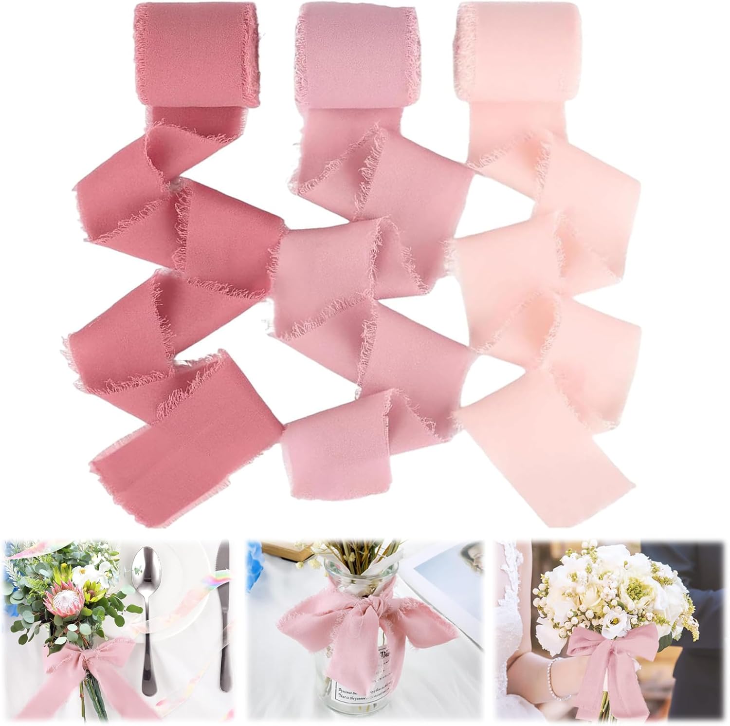 3 Rolls Chiffon Ribbon, 1.5inch x 7yd Handmade Fringe Chiffon Ribbon ...