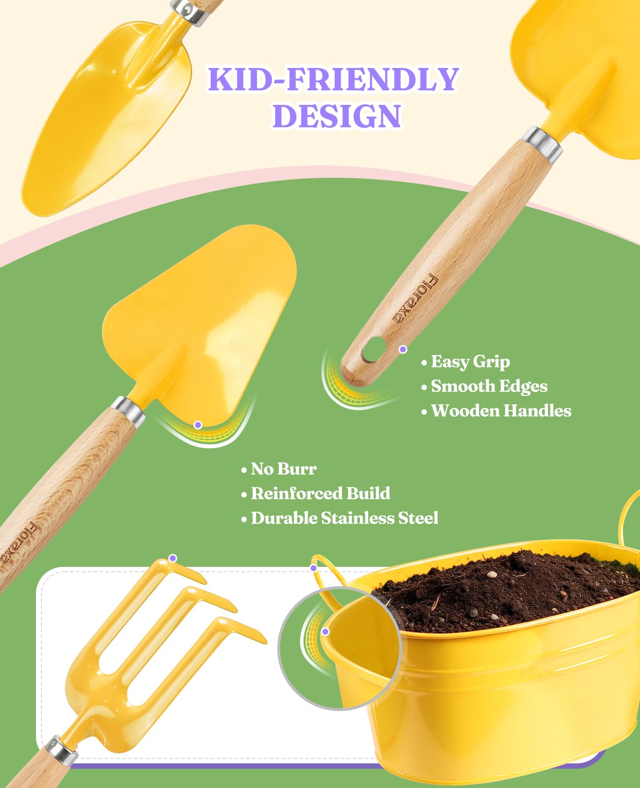 8-teiliges Garten-Set für Kinder mit Metallkorb – STEM-Outdoor-Set, ergonomische Holzgriffe, 3 Schaufeln, Rechen, Gießkanne, Handschuhe – Geschenk für Kleinkinder (Jungen & Mädchen), Gelb