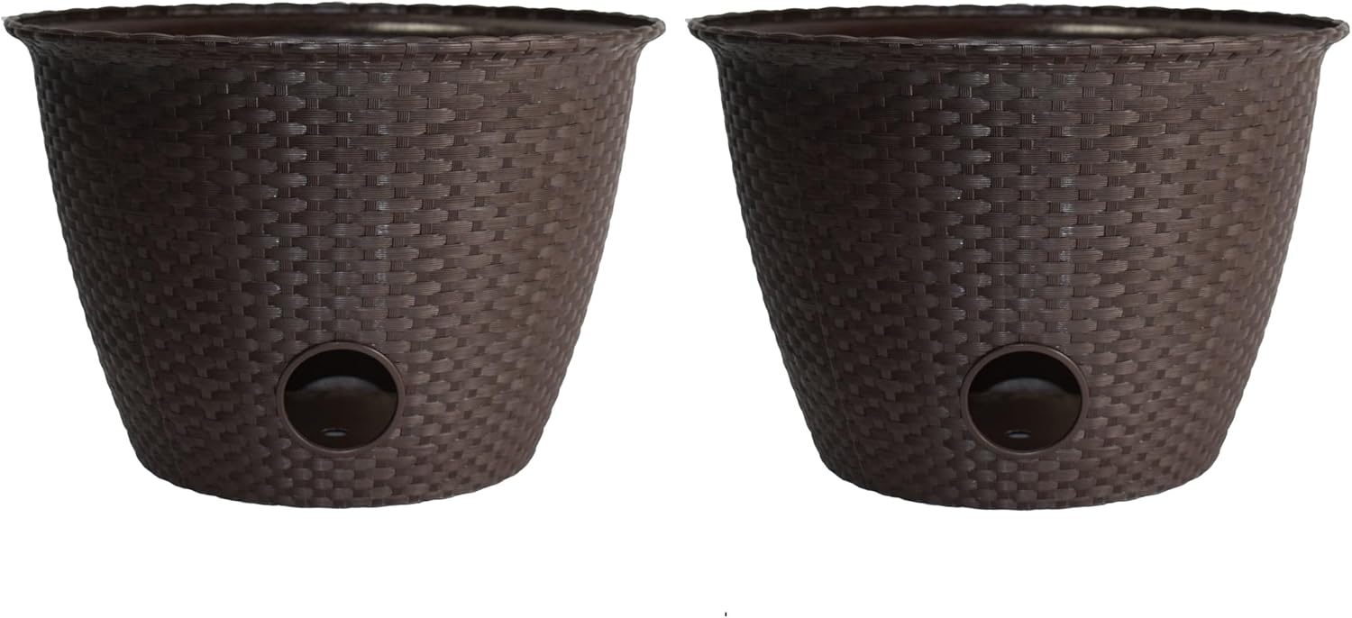 The HC Companies 18 inch Woven Garden Hose Holder, Lightweight UV-Resistant Plastic Water Hose Holder with 100-Foot Capacity, 2-Pack Water Hose Pots for Garden, Patio & Home Organization, Chocolate
