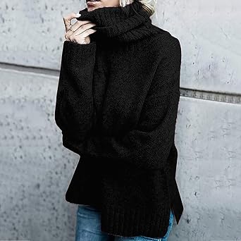 Lolvmvchi Women'S Irregular Knitted Sweater Turtleneck Solid Color Long Sleeve Pullover Sweater Knit Button