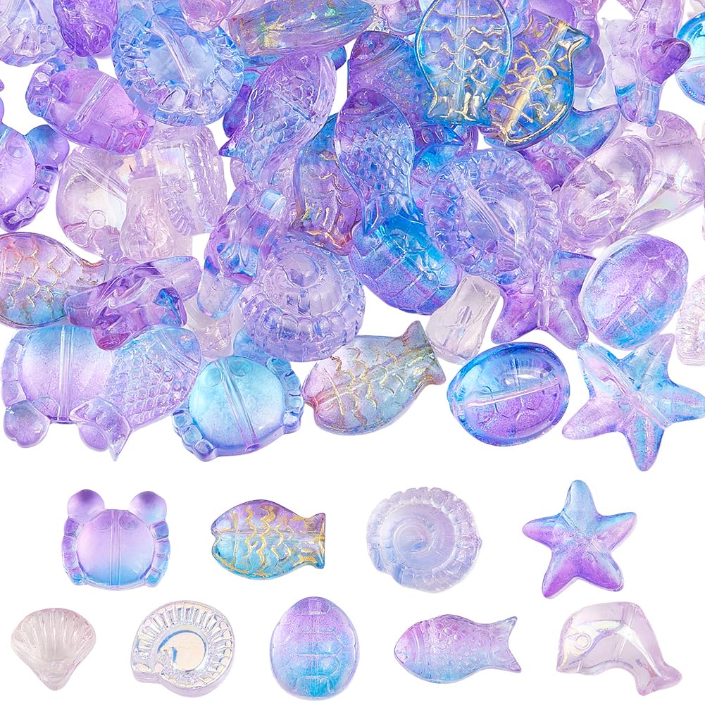BEAMARKER 1 Box 90Pcs 9 Styles Glass Kandi Beads Blue Starfish Beads Bulk Ocean Life Sea Animal Shell Crab Fish Turtle Dolphin Charms for Jewelry Making Bracelets Earrings Necklace Keychain DIY Crafts